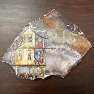 Vintage Miniature Painting Agate Stone Slice Wood Brothel Western Cowboys Saloon